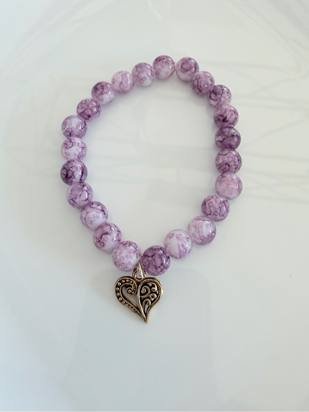 Heart Charm Purple Beaded Stretch Bracelet Coquette Girlhood Romantic Jewelry